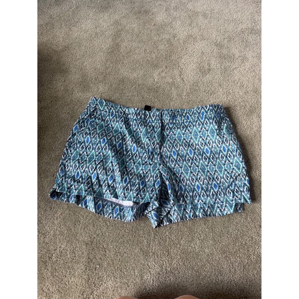 HM Blue Teal Ikat Geometric Print Shorts Womens Size 12 Flat Front Boho Summer